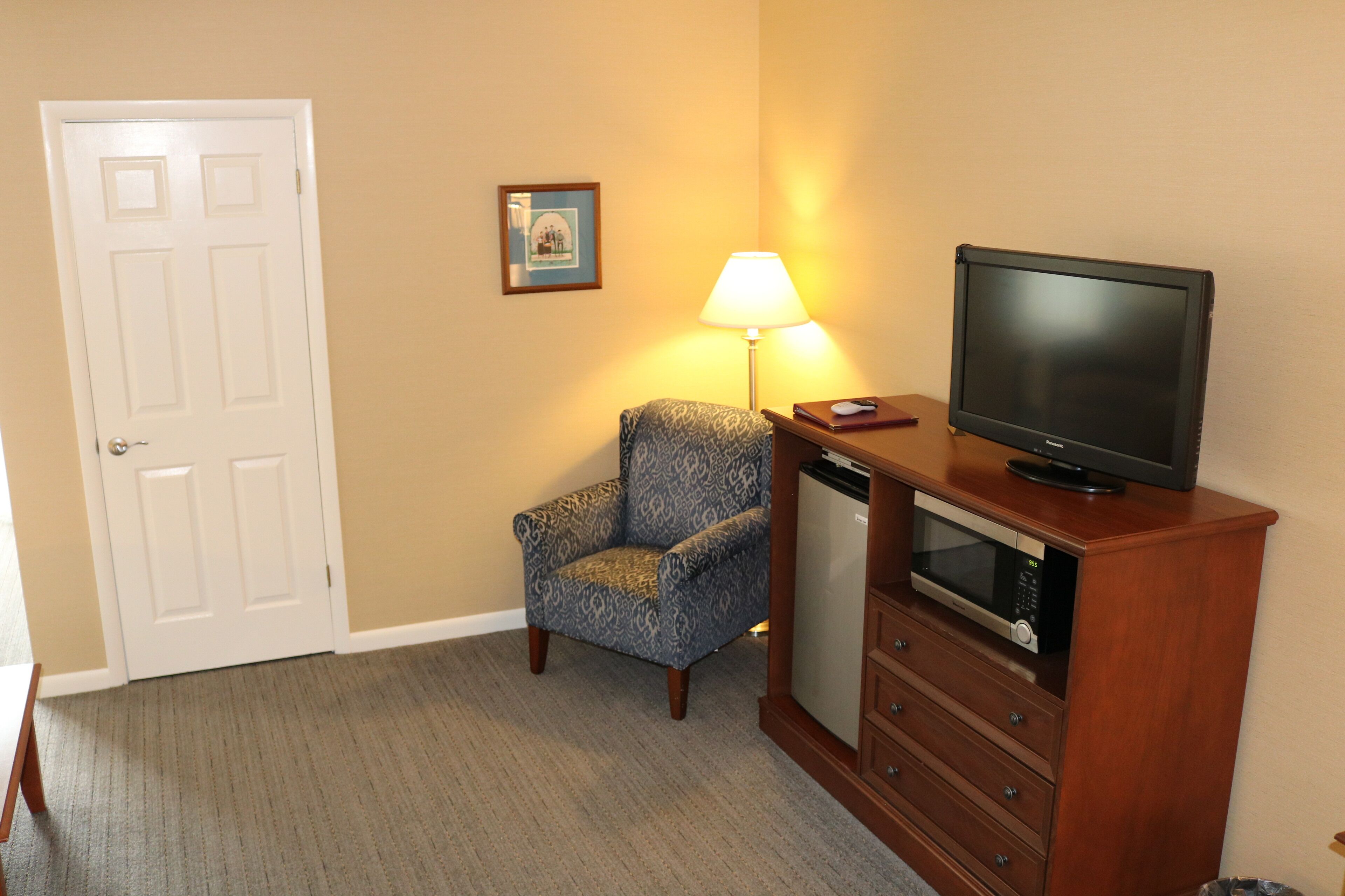 Una habitación de hotel con una puerta, un sillón estampado, una lámpara, un televisor sobre un mueble de madera y un microondas.