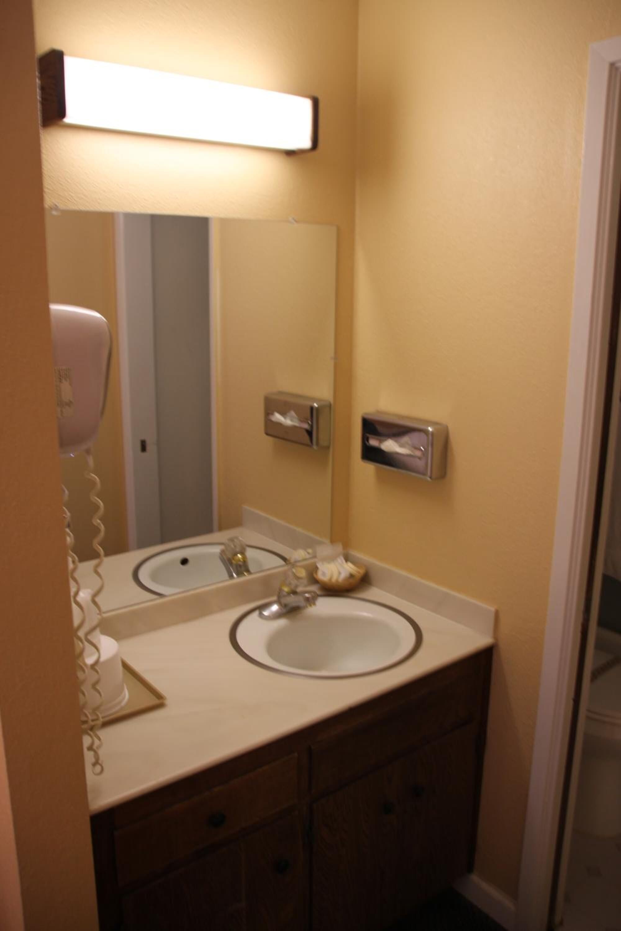 A bathroom with two sinks, a mirror, a hairdryer, and a towel dispenser.
