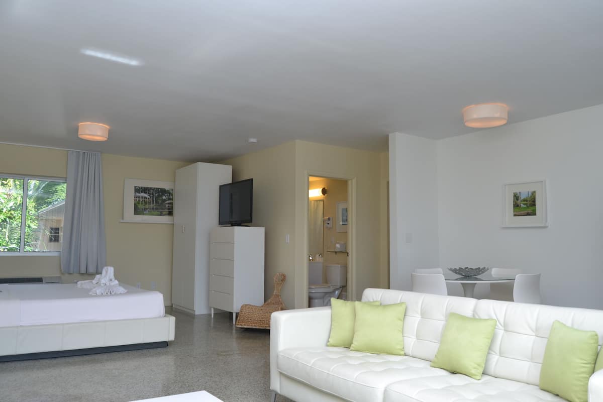Una habitación de hotel moderna con una cama, un sofá blanco, un televisor y una zona de comedor.
