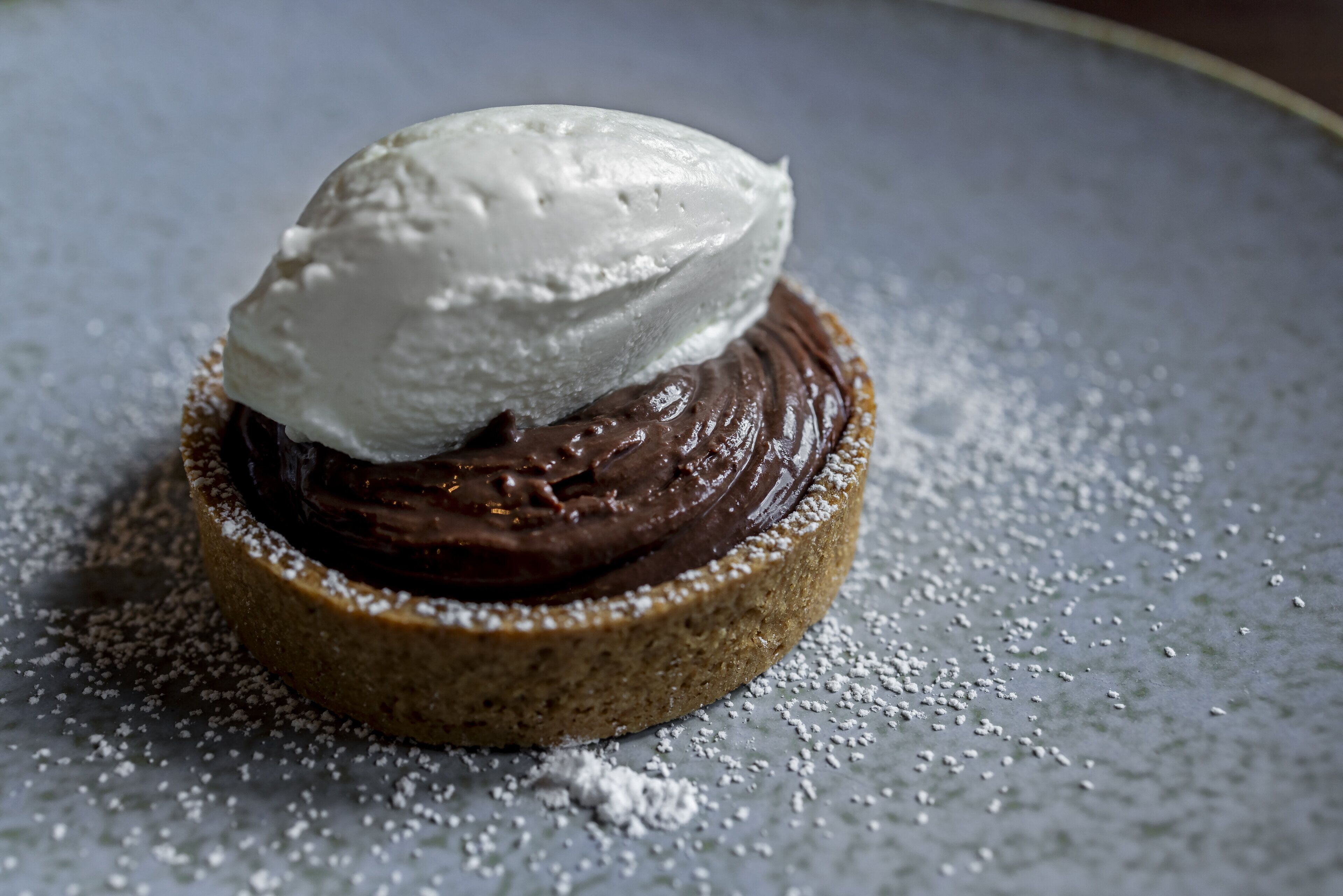 A dessert with a scoop of ice cream on top of a chocolate spread, dusted with powdered sugar, on a plate.