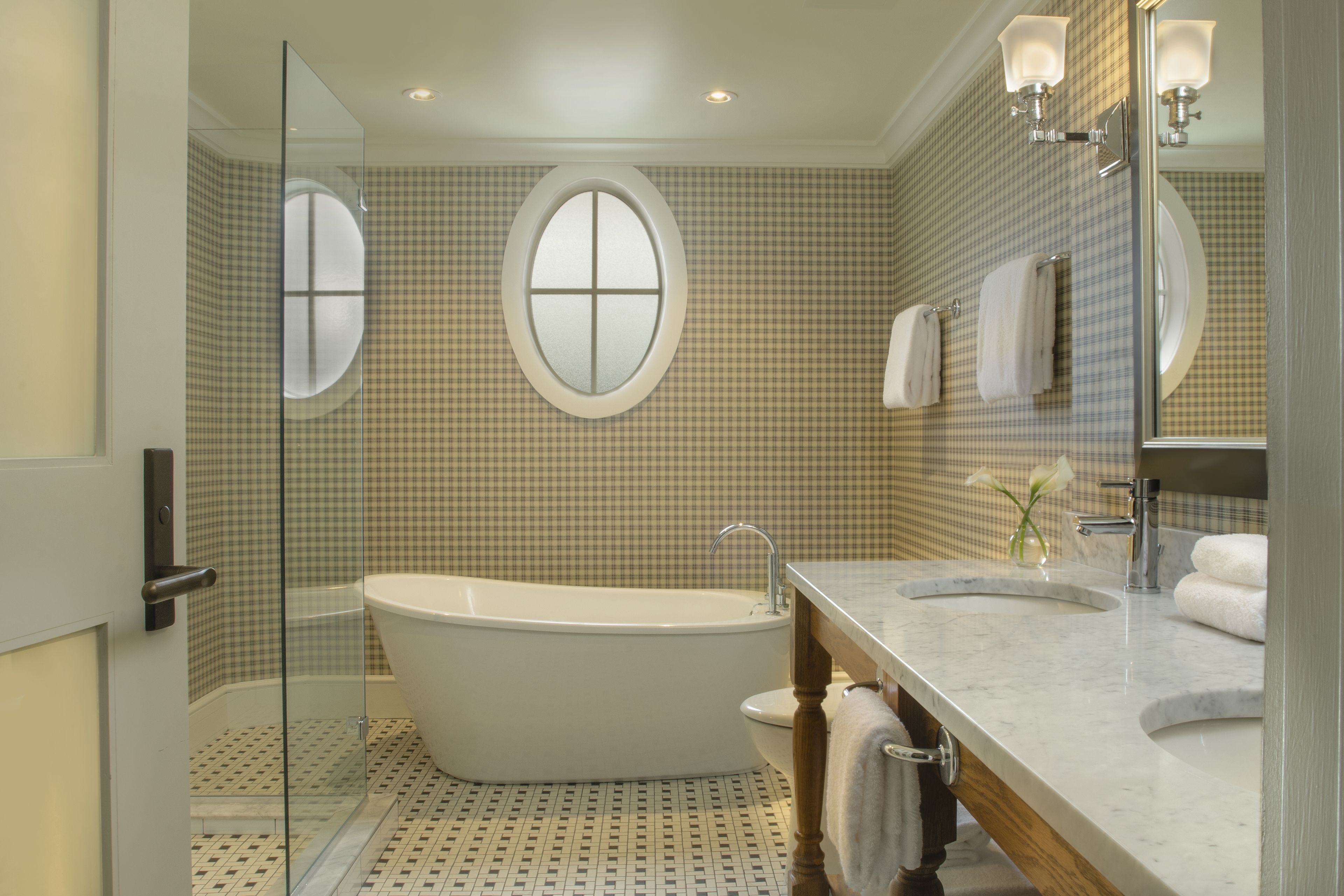 designer toiletries, hair dryer, bathrobes, towels