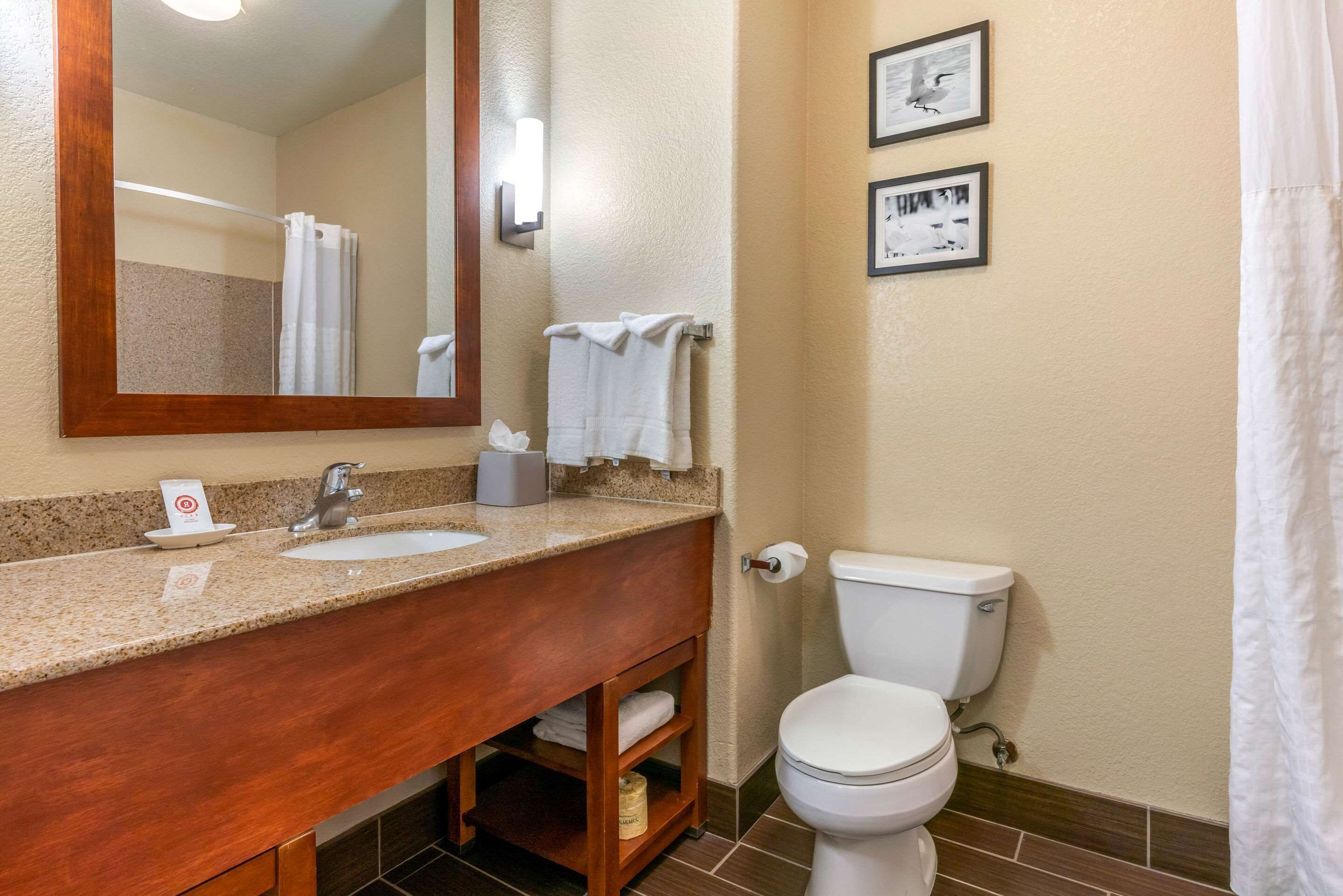 A bathroom with a sink, mirror, towel rack, toilet, and framed pictures on the wall.