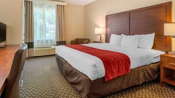 A hotel room with a large bed, a desk, a TV, and a window with curtains.