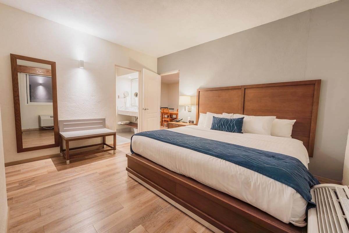 Una habitación de hotel moderna con una cama grande, un banco, un escritorio y un espejo.