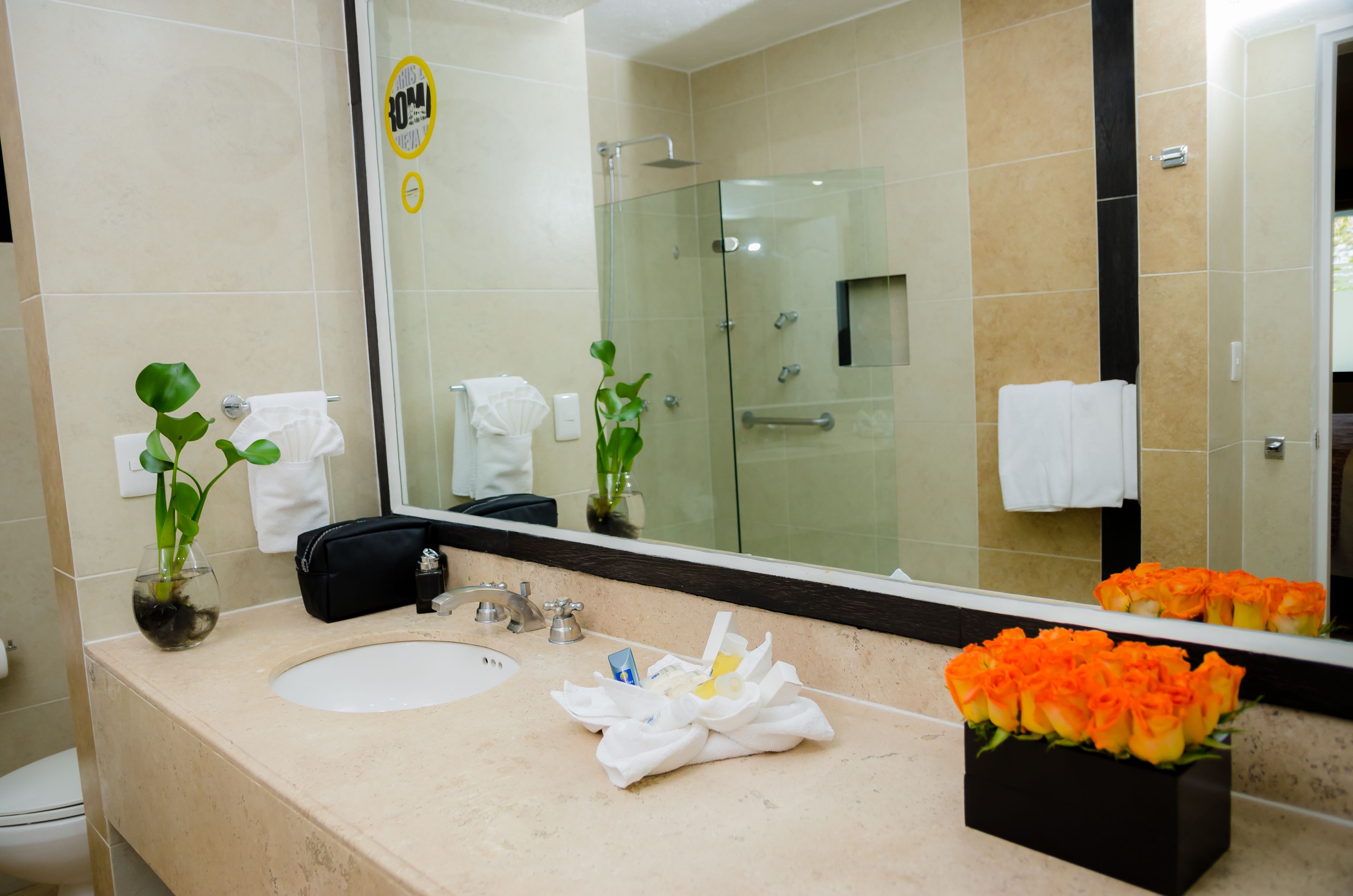 Un baño con un espejo grande, un lavabo y una cabina de ducha de vidrio.