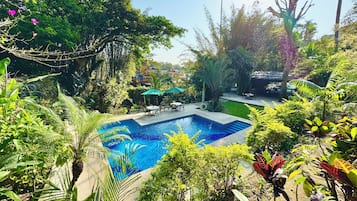 Piscine extérieure, chaises longues