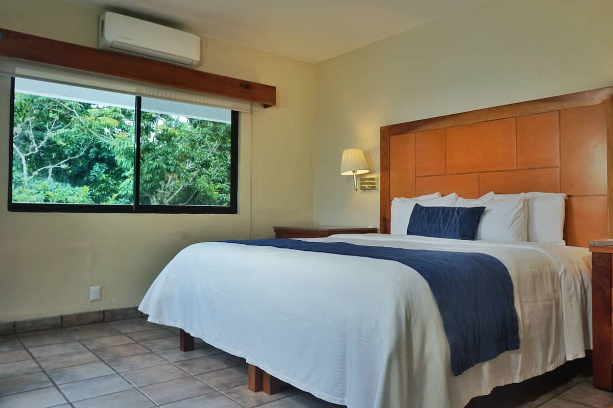 A hotel room with a large bed, two bedside tables, a nightstand, a lamp, and a window with a view of trees.