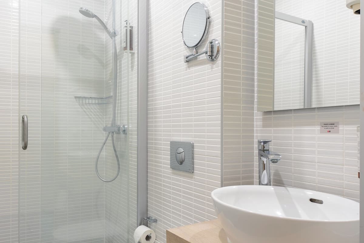 shower, free toiletries, hair dryer, towels