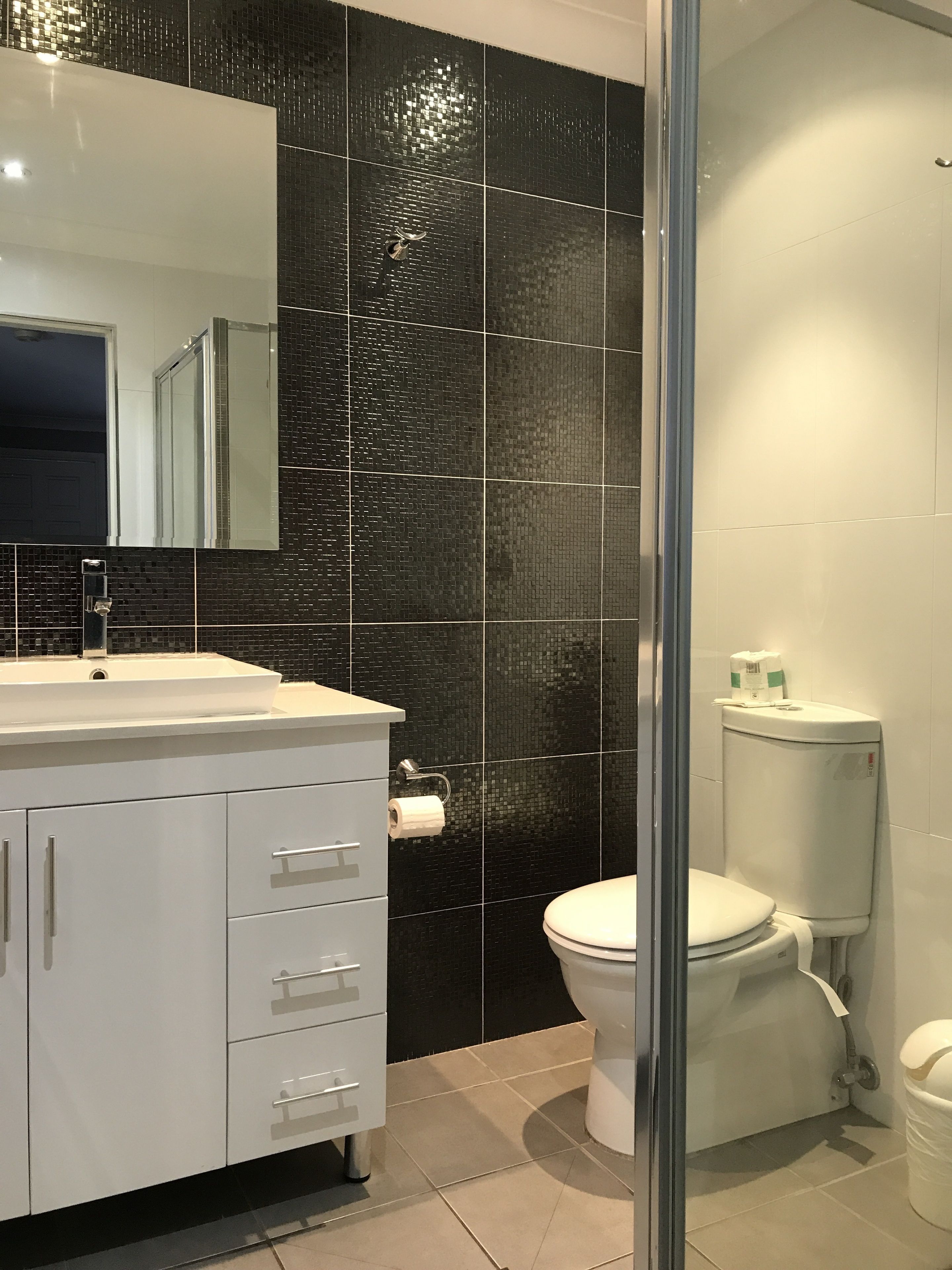 A modern bathroom with a black tiled wall, a white sink, and a toilet.