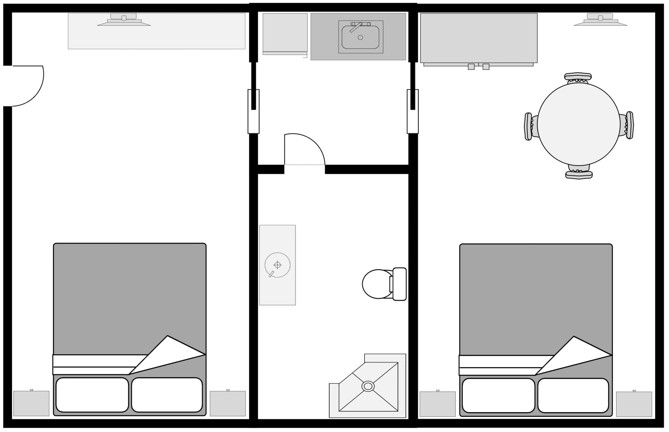 Plano de un cuarto de hotel con cama, escritorio, silla, mesita, ventana y baño.