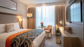Premium bedding, desk, blackout curtains, soundproofing