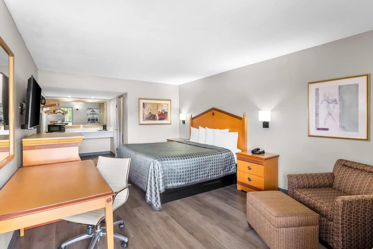 A hotel room with a bed, a desk, a chair, a sofa, and a TV.