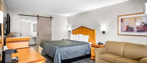 Una habitación de hotel con una cama, un escritorio, un sofá y un cuadro en la pared.
