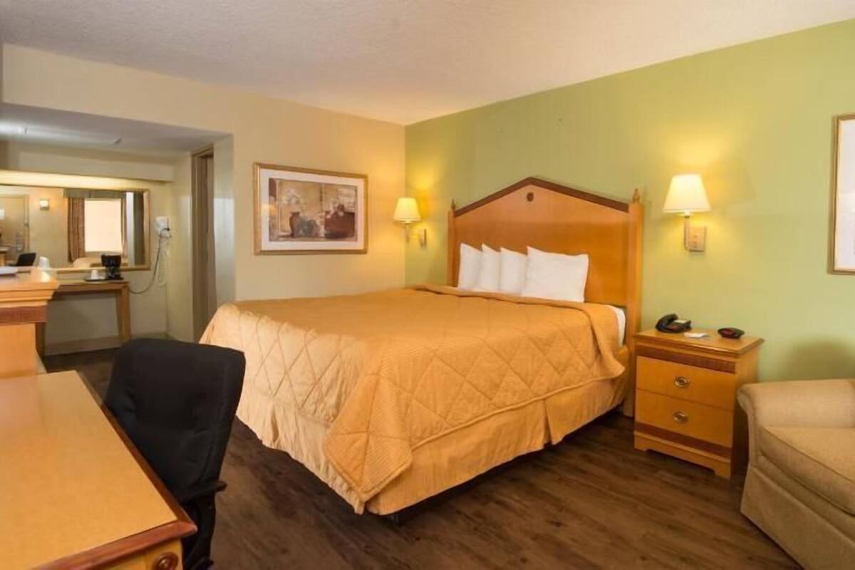 A hotel room with a bed, a desk, a chair, a nightstand, and a couch.