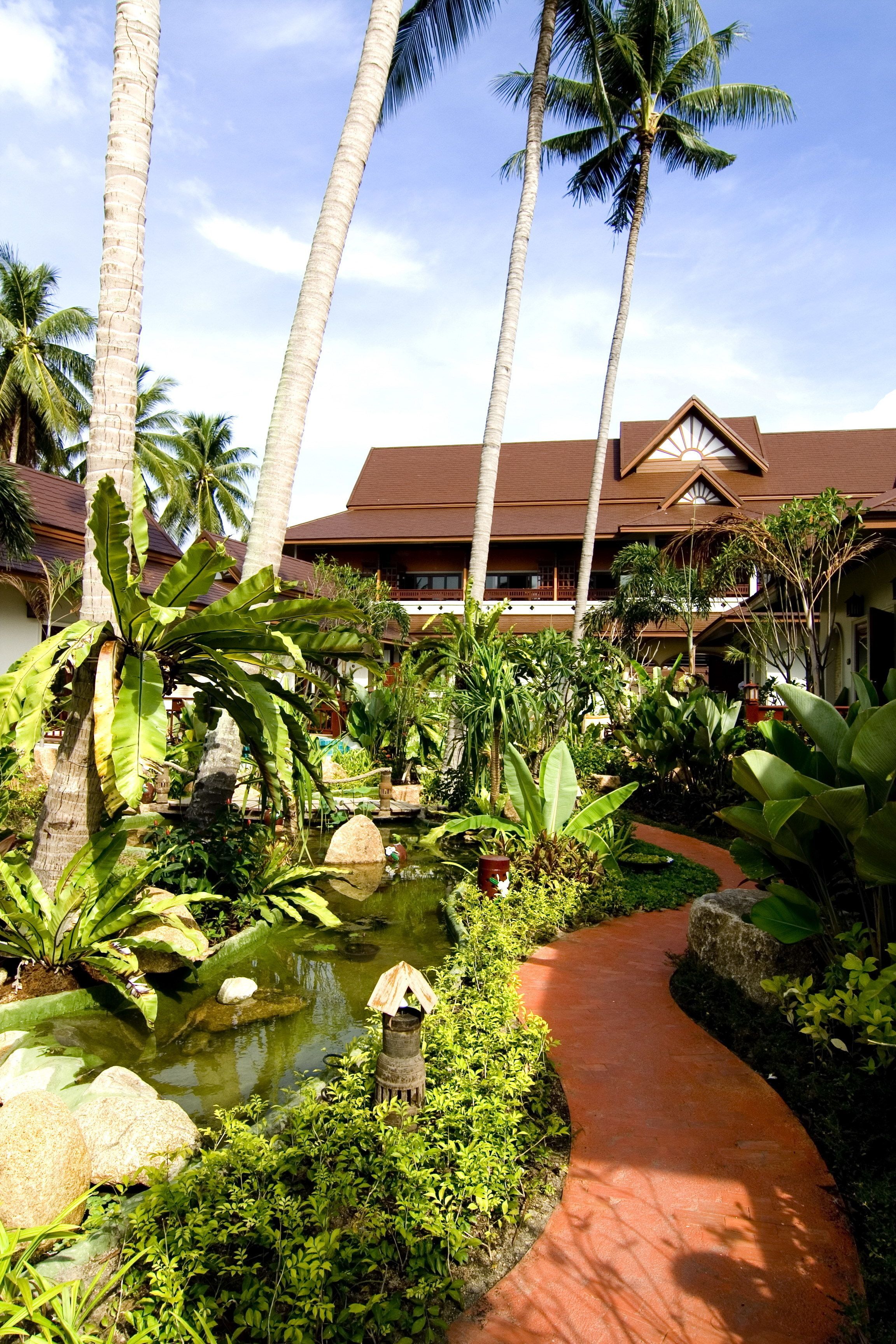 Un resort tropical con un estanque, palmeras y un camino que lleva a un edificio con techo marrón.