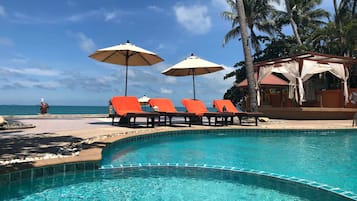 Outdoor pool, open 8:00 AM to 7:00 PM, pool umbrellas, sun loungers