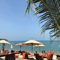 In Strandnähe, Liegestühle, Sonnenschirme, Strandtücher