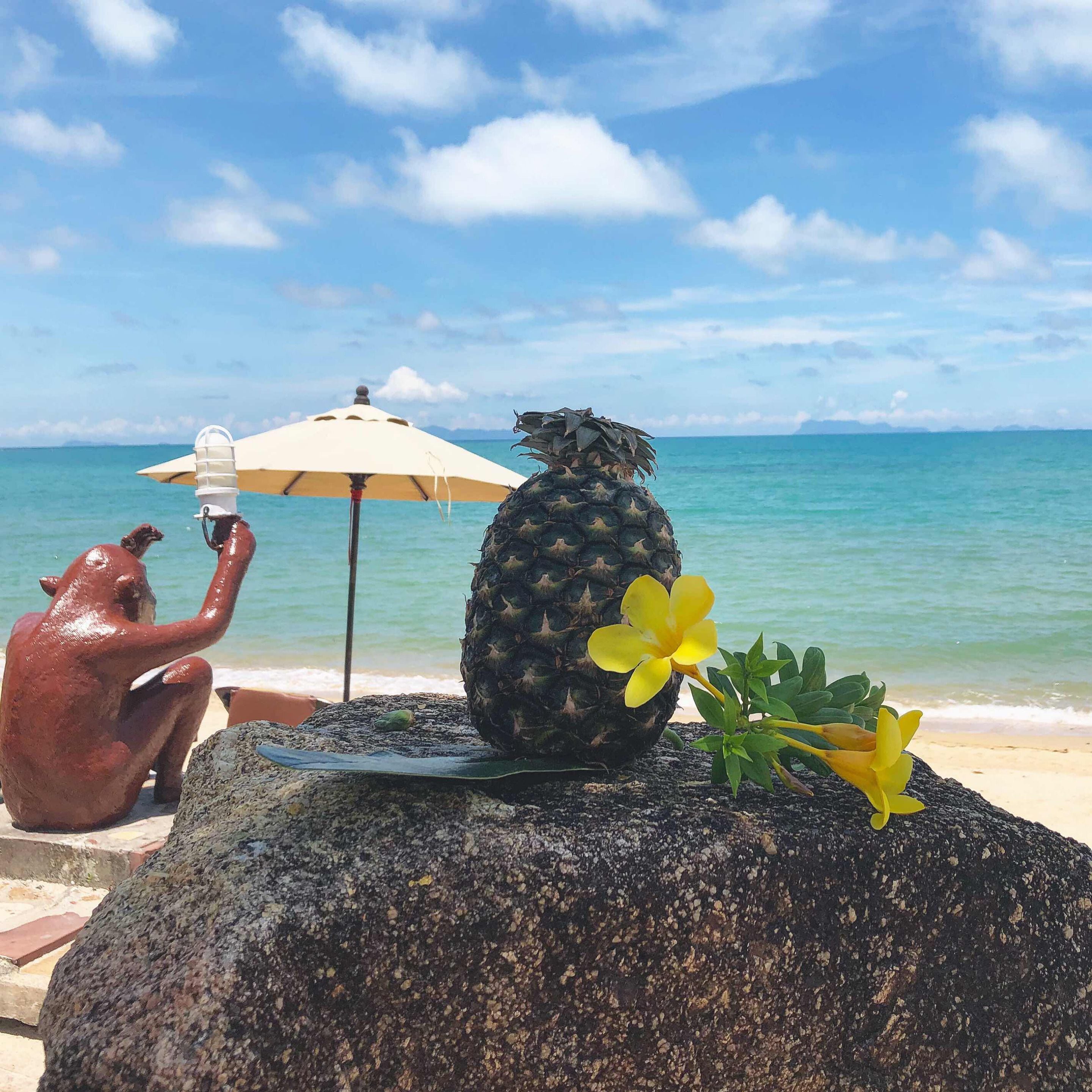 A beach scene with a pineapple, a flower, and a statue on a rock.