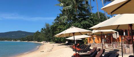A beach with sun loungers and umbrellas, palm trees, and a clear blue sky.