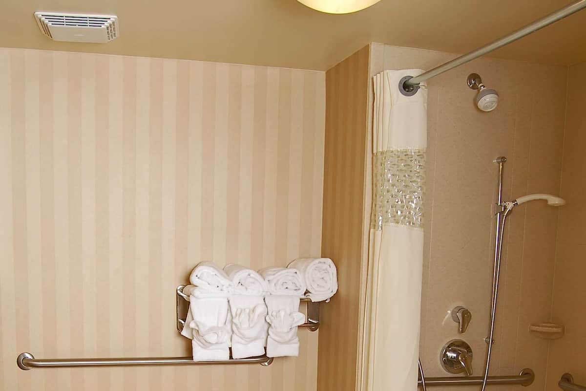 A bathroom with a toilet, a towel rack with towels, a shower with a handheld showerhead, and a toilet paper holder.