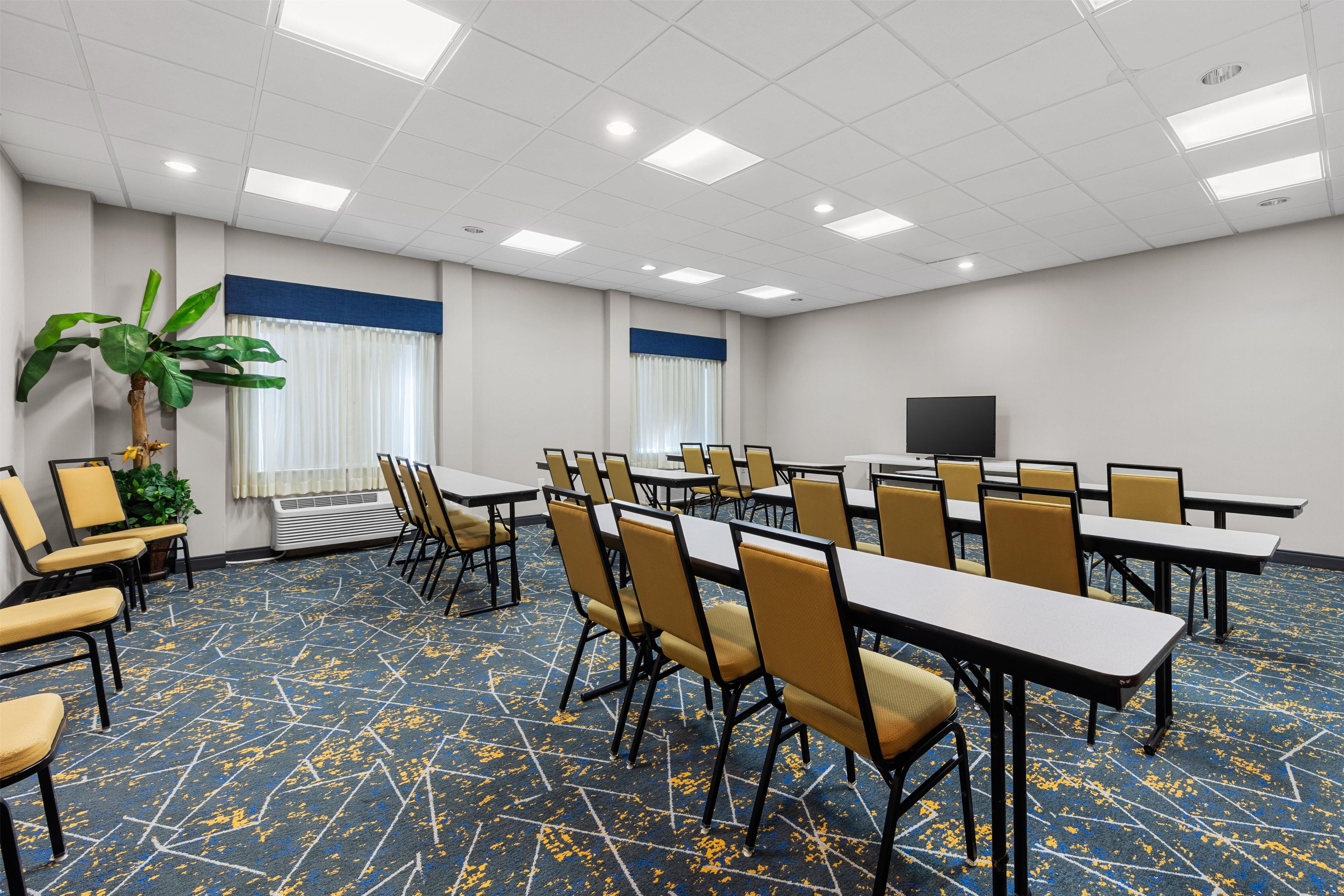 A conference room with tables and chairs, a large plant, and a flat-screen TV.