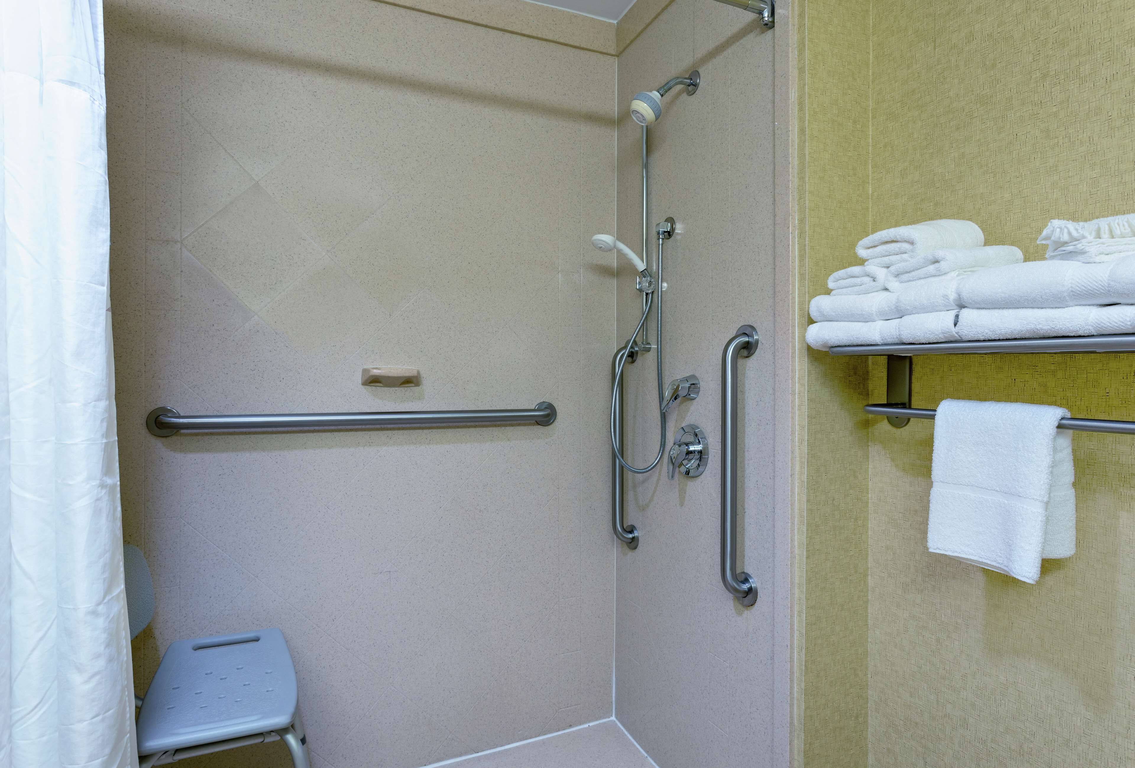 room, 1 king bed, accessible, non smoking (mobility & hearing, roll-in shower) | bathroom | combined shower/bathtub, free toiletries, hair dryer, towels