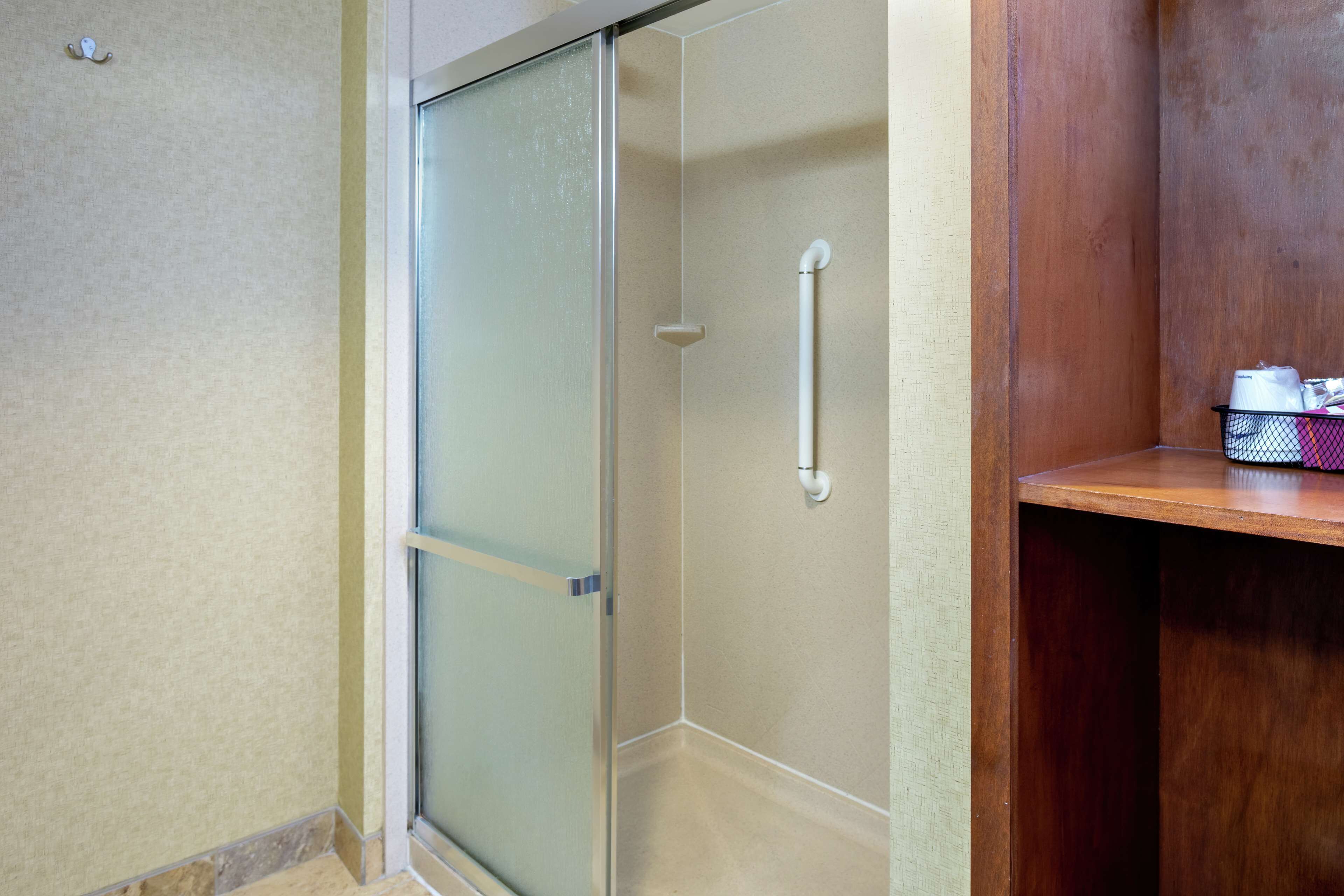 combined shower/bathtub, free toiletries, hair dryer, towels