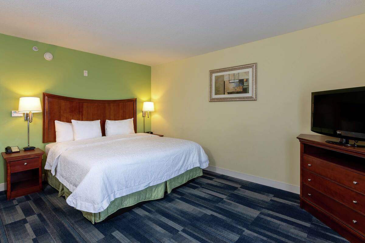 Une chambre d’hôtel avec un grand lit, deux lampes de chevet, un téléviseur posé sur une commode en bois et un tableau encadré au mur.