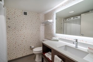 A bathroom with a toilet, sink, and mirror. - Holiday Inn Atlanta/Roswell by IHG (Roswell)