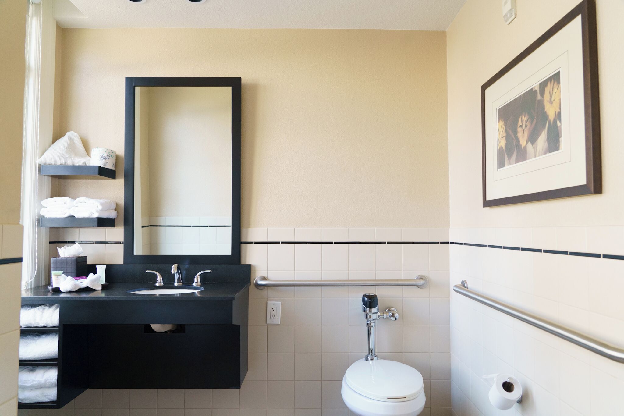 Une salle de bain avec un meuble-lavabo noir, des toilettes blanches, un miroir et une photo encadrée accrochée au mur.