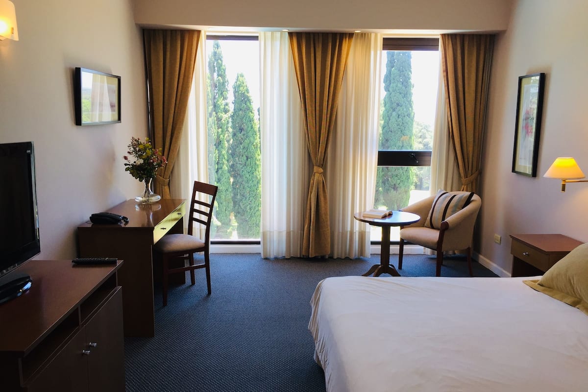 A hotel room with a bed, a desk with a chair, a small table with a chair, a TV, and a window with curtains.