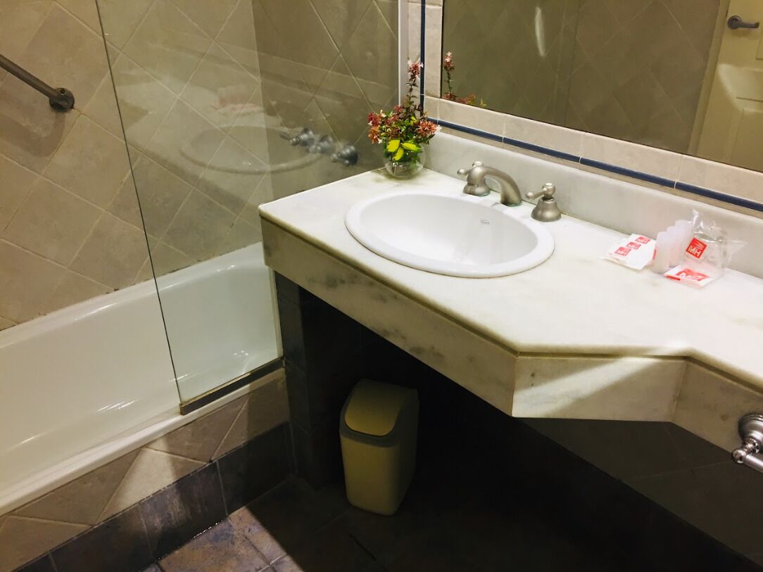 Une salle de bain avec un lavabo blanc, un miroir, un petit vase avec des fleurs et une poubelle.