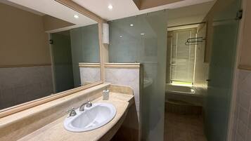 Baño con lavamanos, espejo y zona de ducha.
