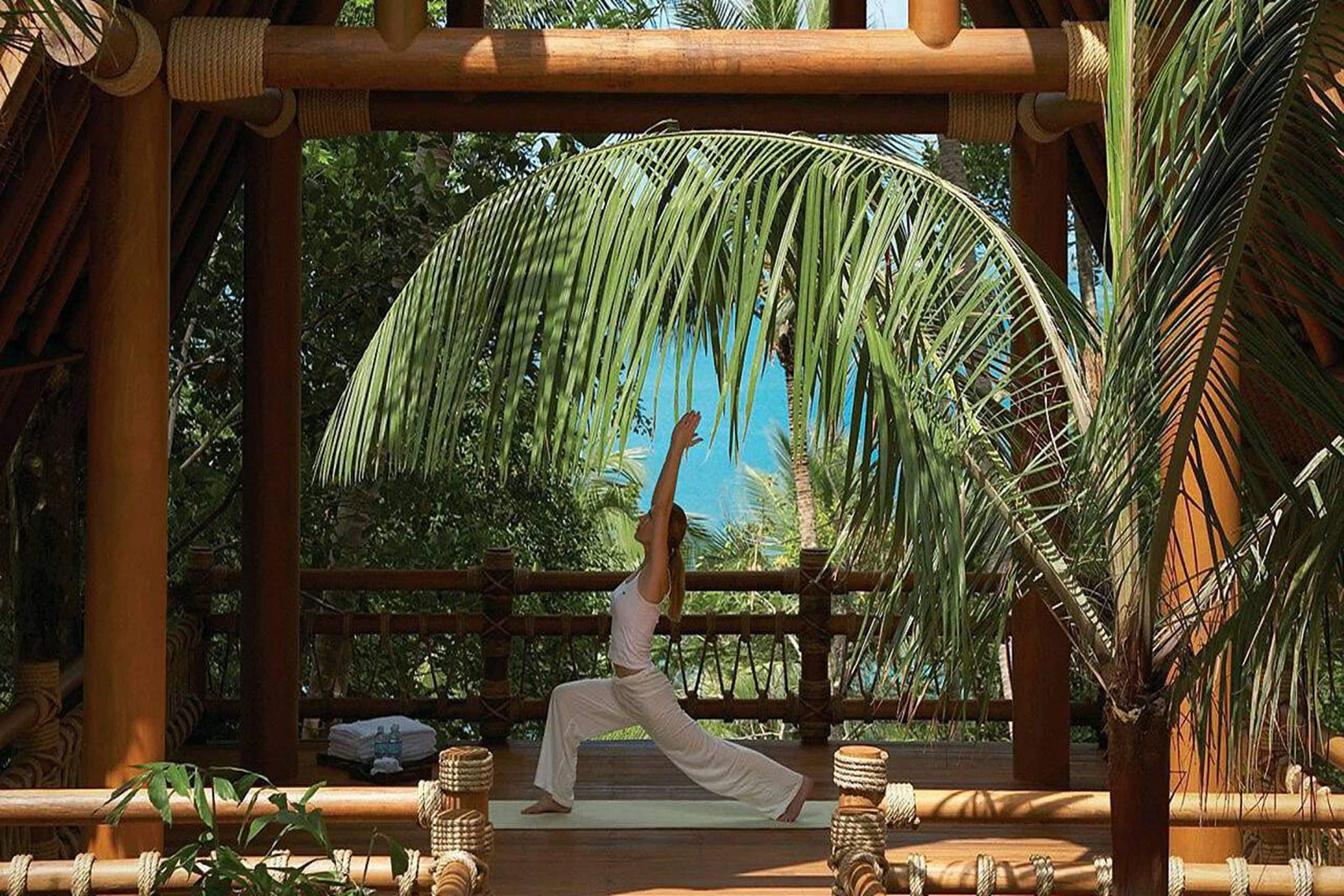 A person performing yoga in an outdoor setting with a wooden structure and palm trees.