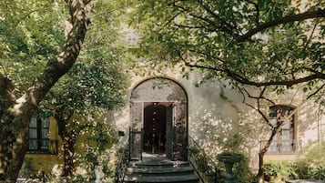 Entrada de un edificio con una escalera que conduce a un arco de entrada, rodeada de árboles y vegetación.