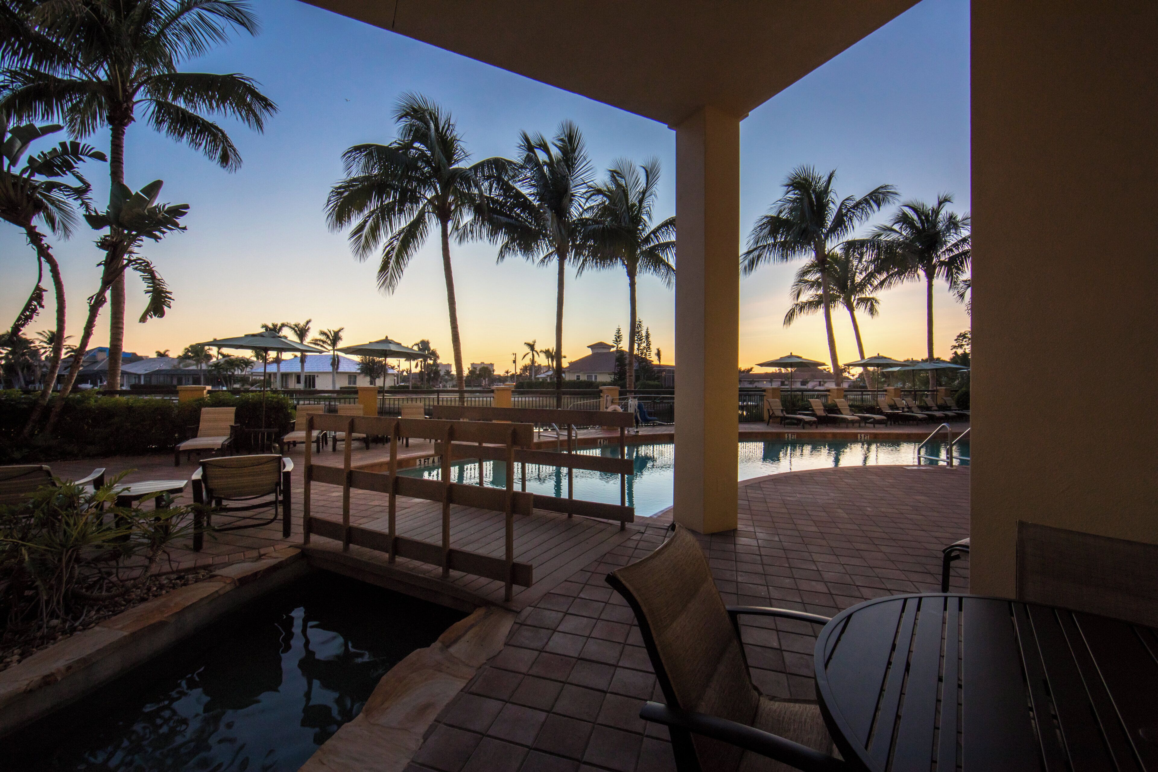 A poolside area with lounge chairs and a small pool, surrounded by palm trees and a clear sky.