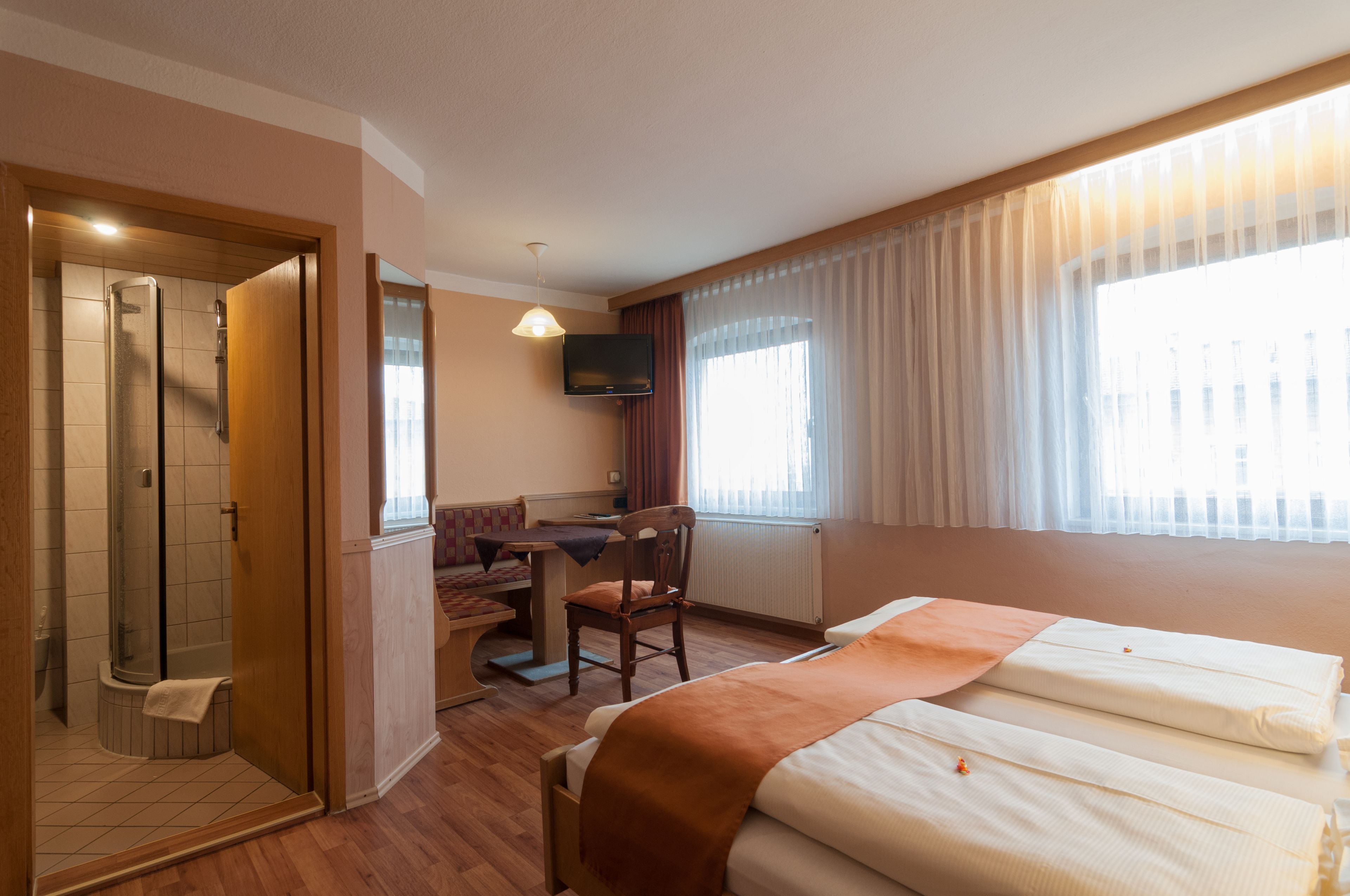 Habitación de hotel con cama, escritorio, silla, televisión y zona de ducha.
