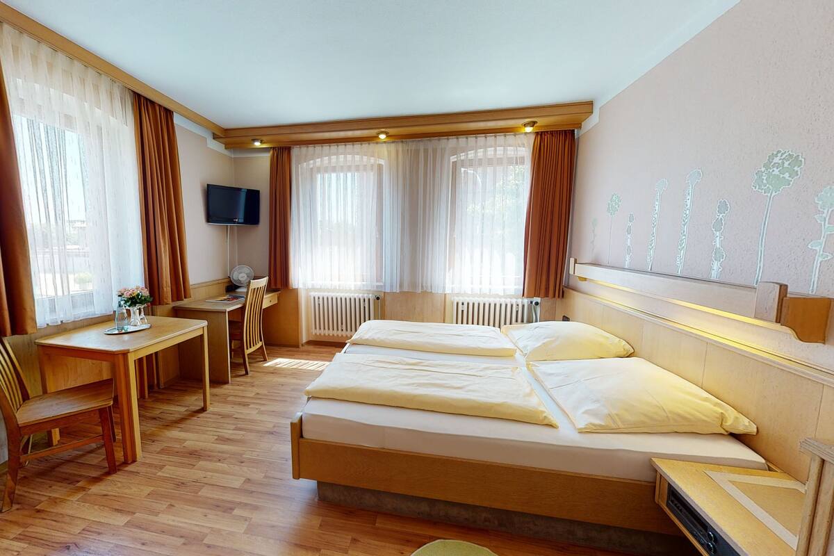 A hotel room with a bed, a desk, a chair, a TV, and a radiator.