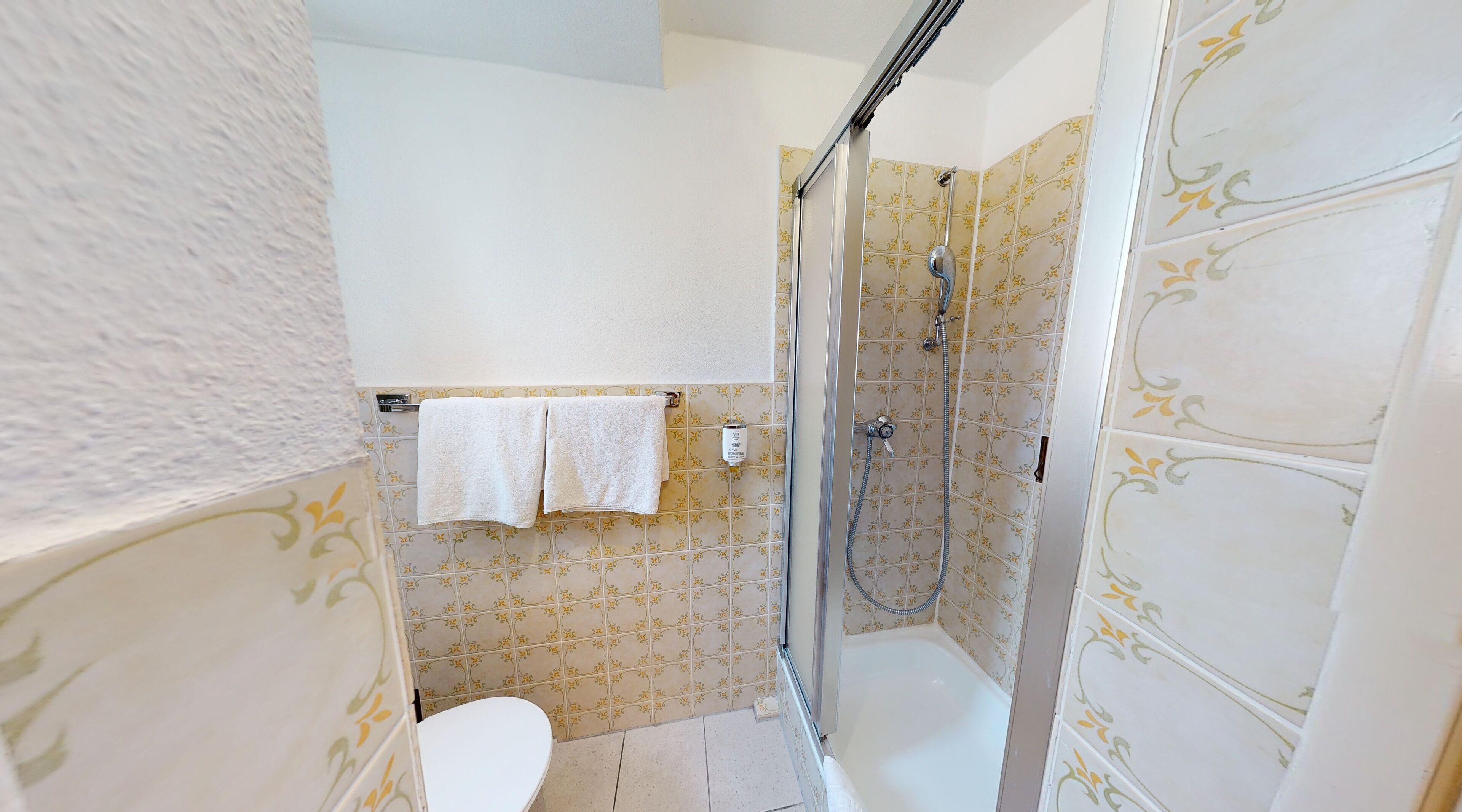 A small bathroom with a shower, toilet, and a towel rack.