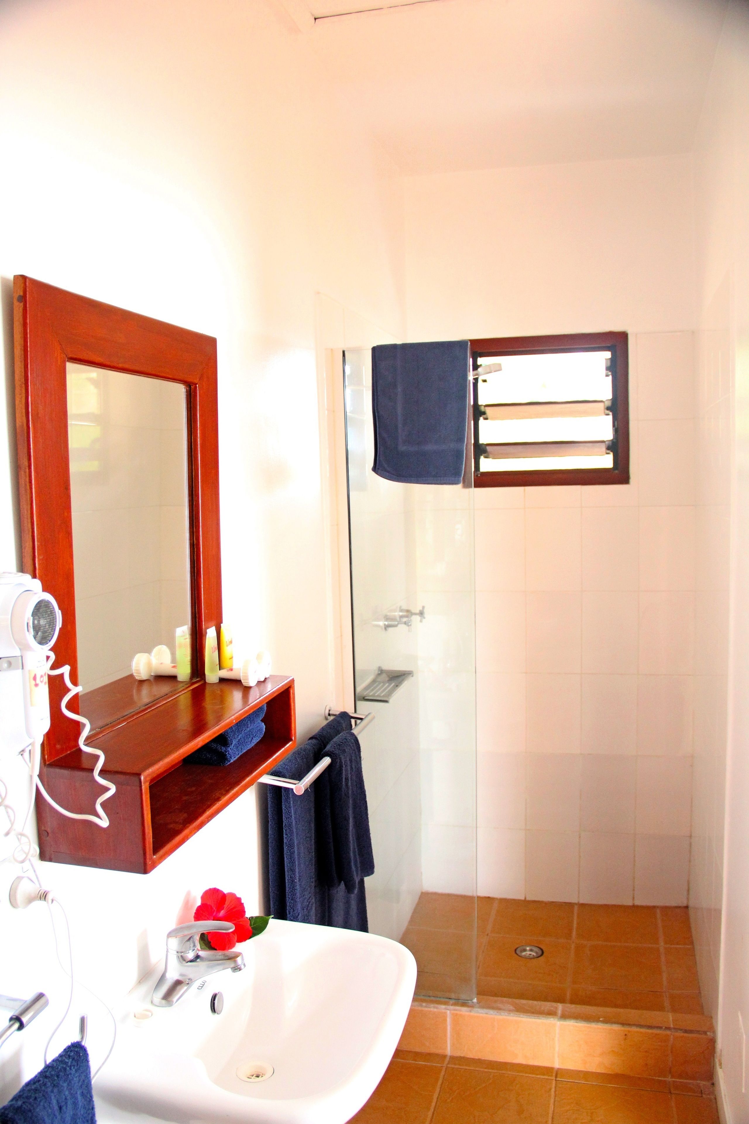 shower, rainfall showerhead, free toiletries, hair dryer