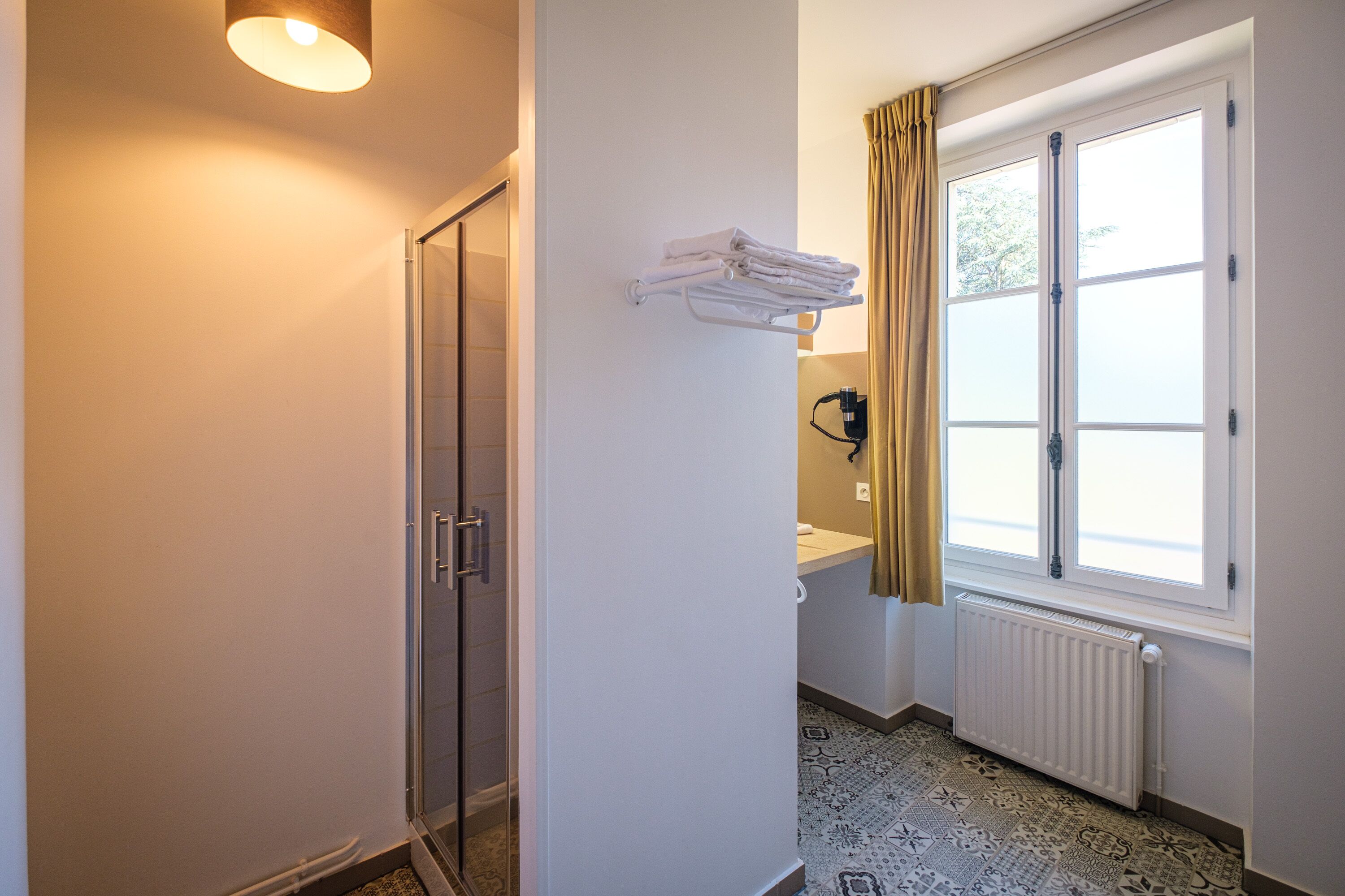 shower, free toiletries, hair dryer, towels