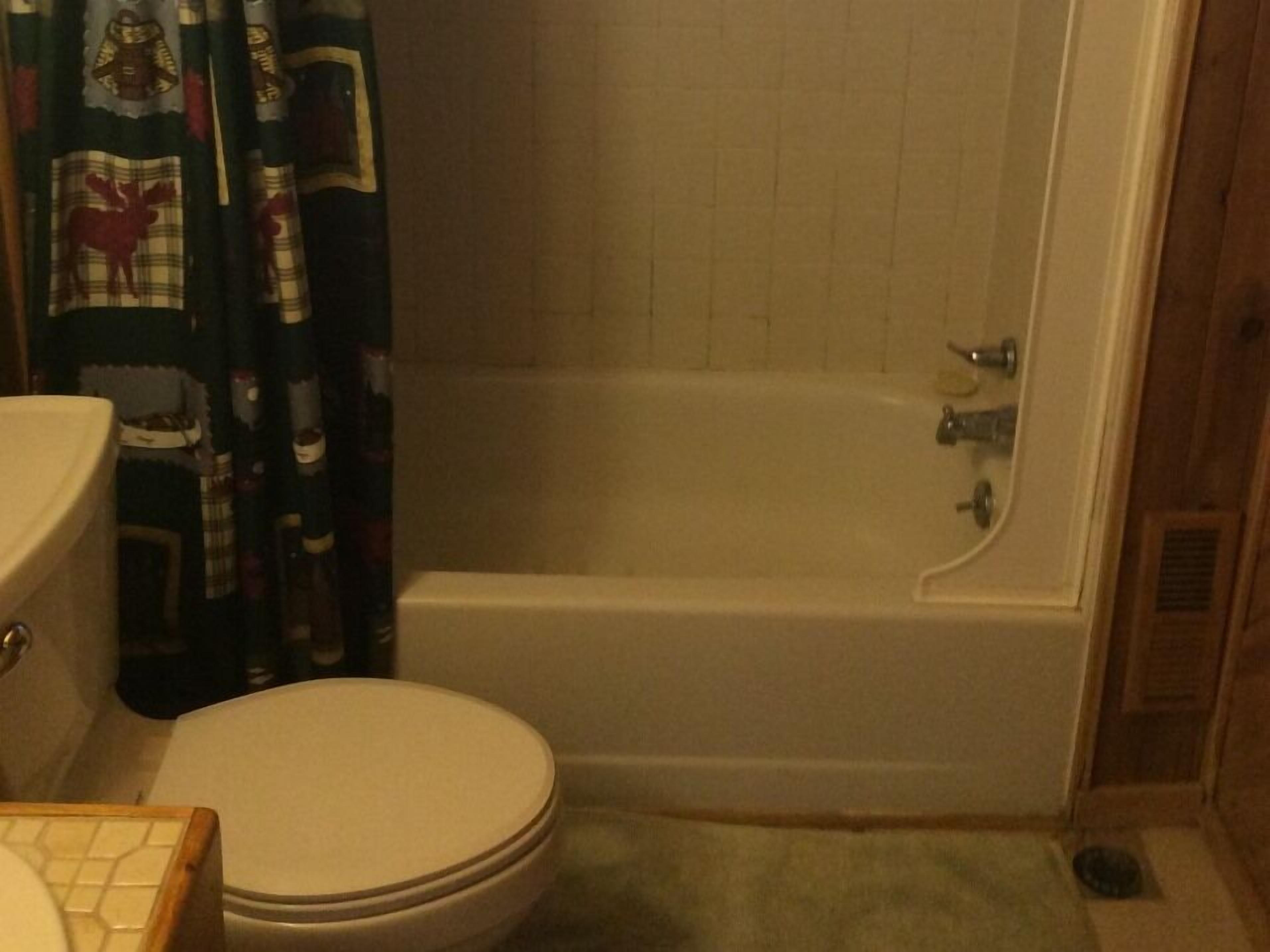 A bathroom with a toilet, a bathtub, and a shower curtain with a plaid pattern.