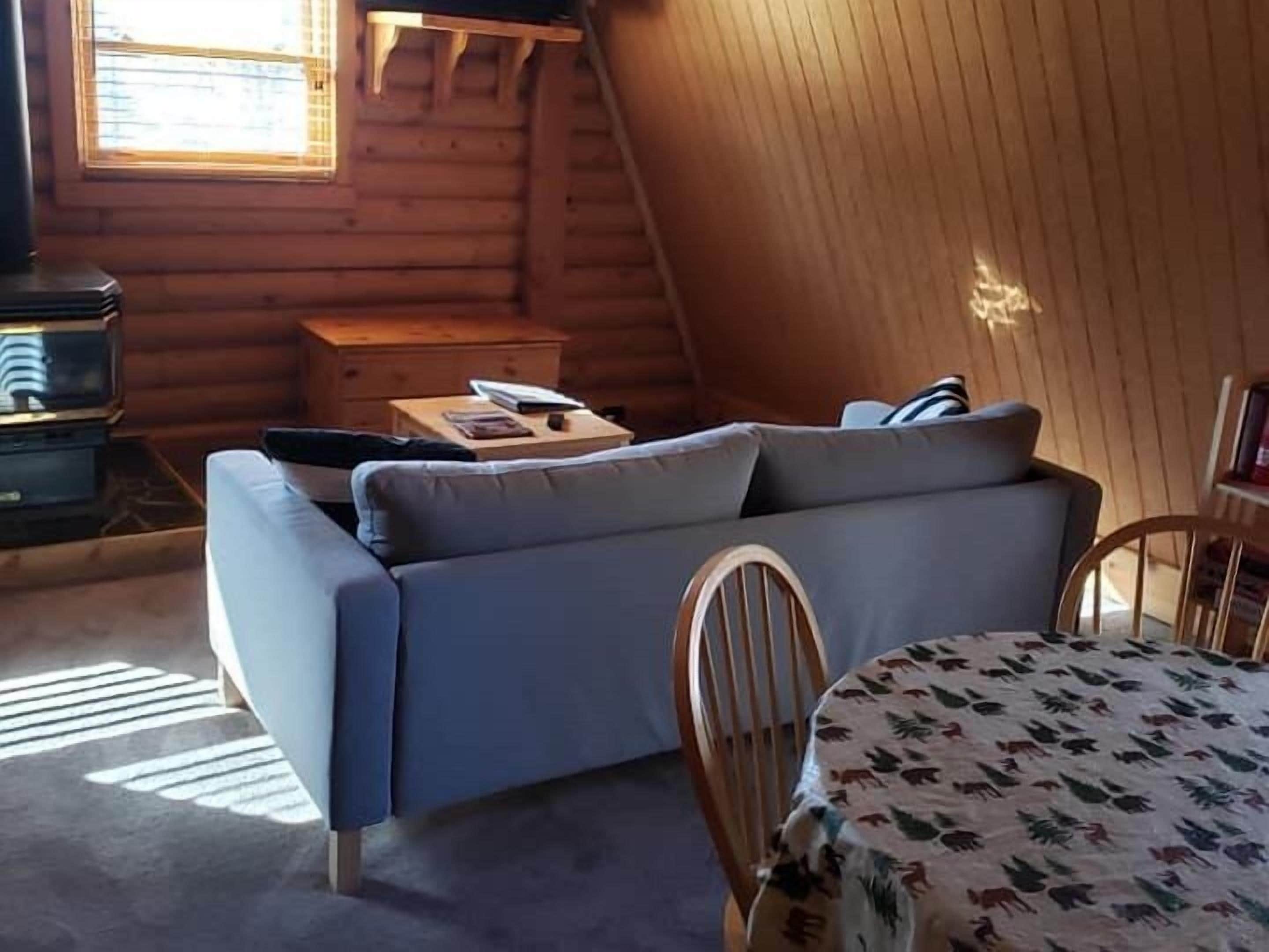 Una habitación acogedora tipo cabaña de madera con un sofá, una mesita y una silla.