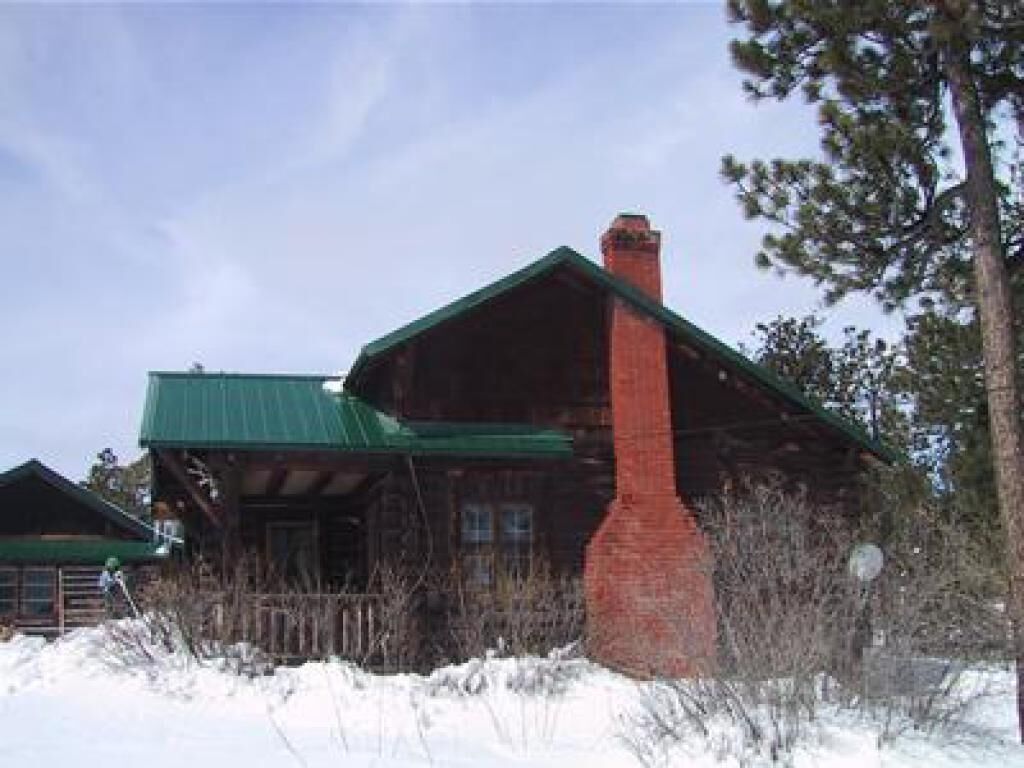 A log cabin with a green roof and a chimney, surrounded by snow and trees.