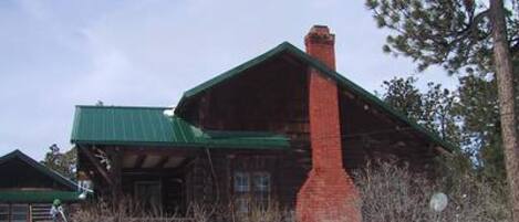 A log cabin with a green roof and a chimney, surrounded by snow and trees.