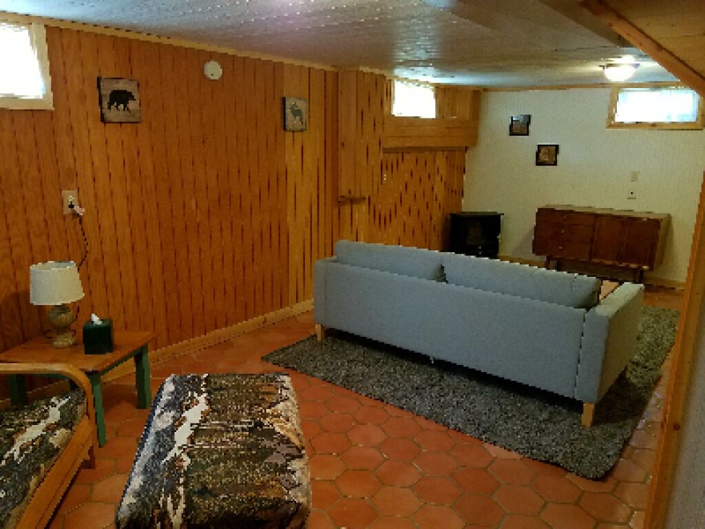 Una habitación con paredes de madera, un sofá azul, una mesita con una lámpara y una alfombra en el suelo.