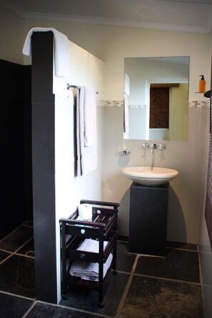 A bathroom with a white sink, dark tiles, a towel rack, and a mirror. - Somerset Villa Guesthouse (Cape Town)