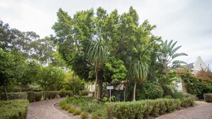 Ein gepflasterter Gartenweg mit einem Empfangsschild, umgeben von üppigem Grün und Bäumen.