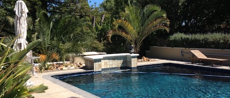 Outdoor pool, pool umbrellas, pool loungers