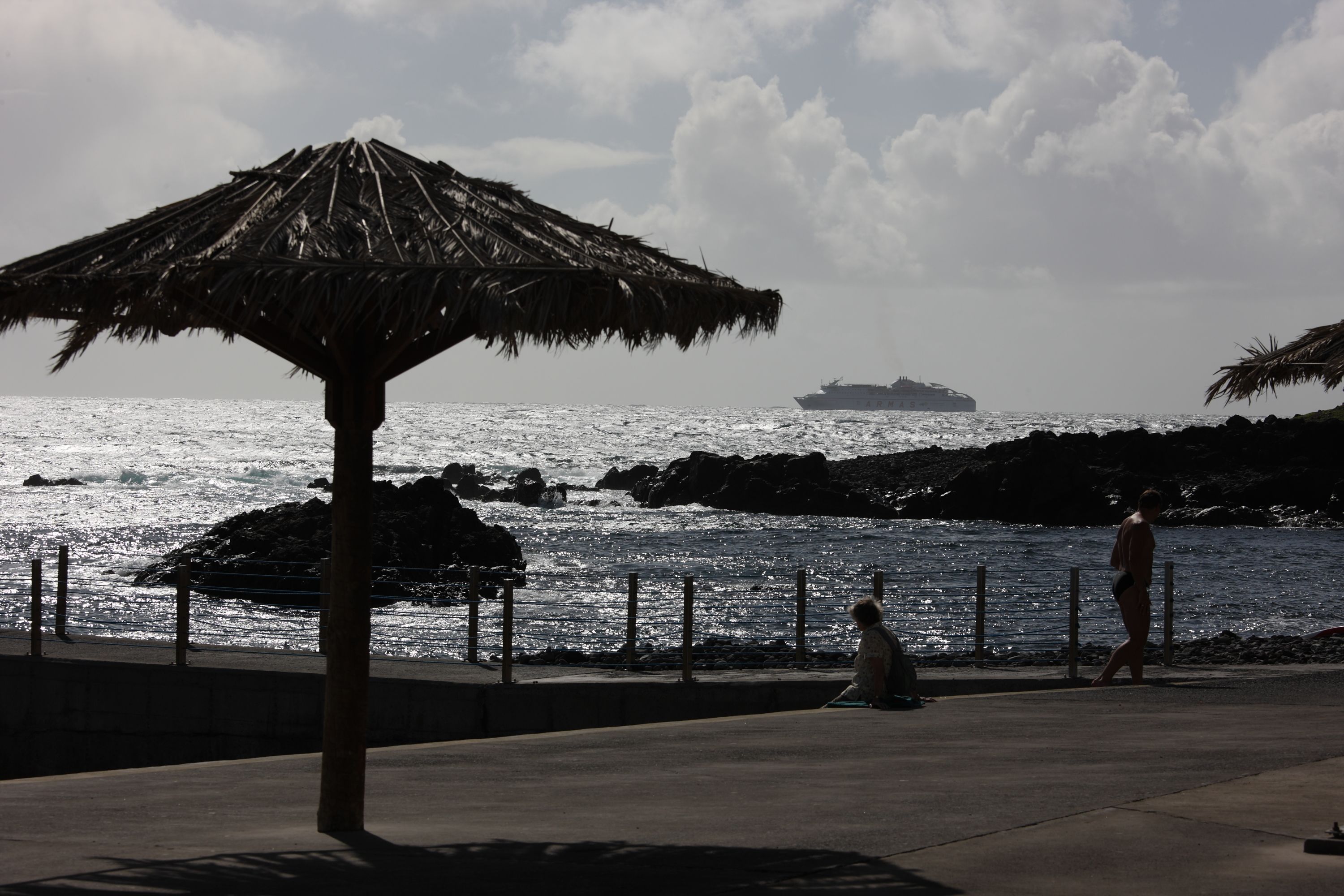 A beachside walkway with a thatched umbrella, a rocky shoreline, and a ship in the distance.